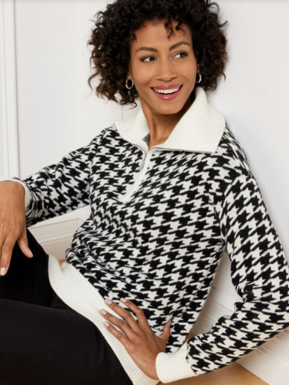 Talbots Zip Collar Sweater Black/White Houndstooth Size Small Petite
